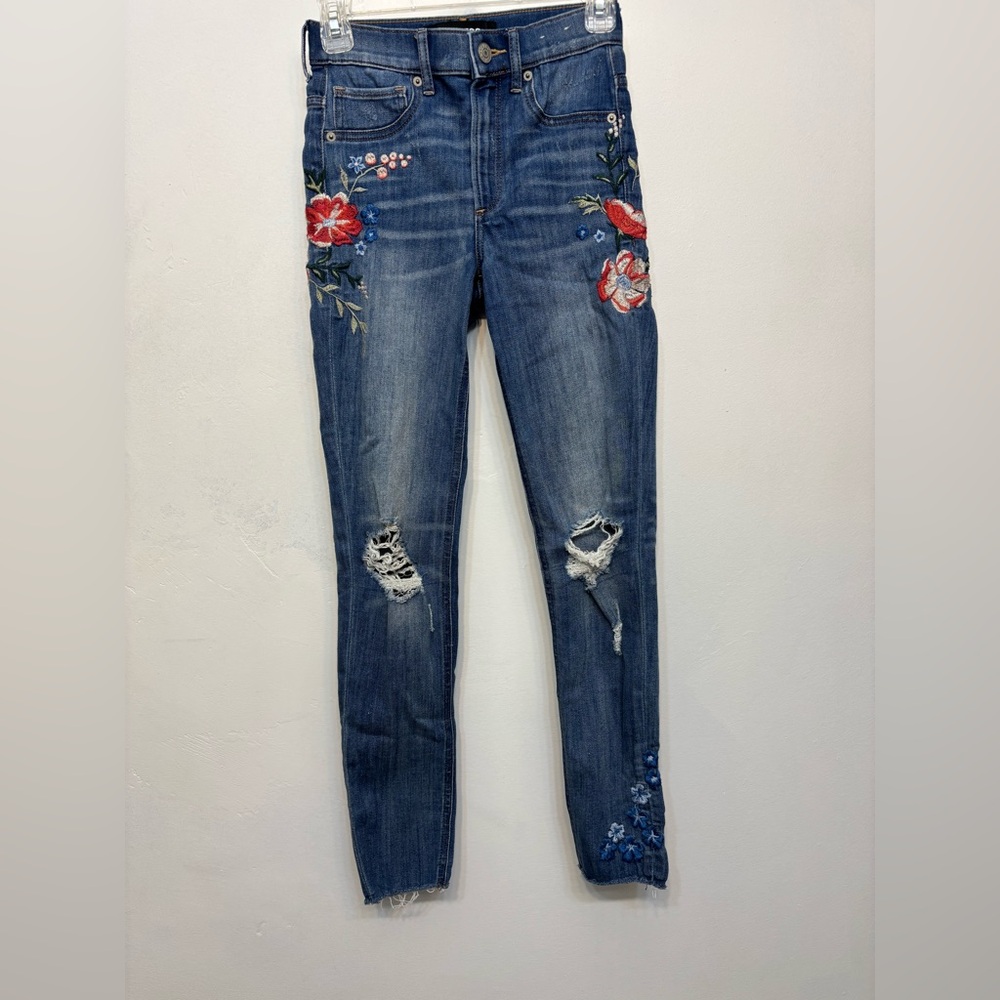 Express Blue& Floral Embroidered Distressed High Rise Ankle Jeggings Size 00L
